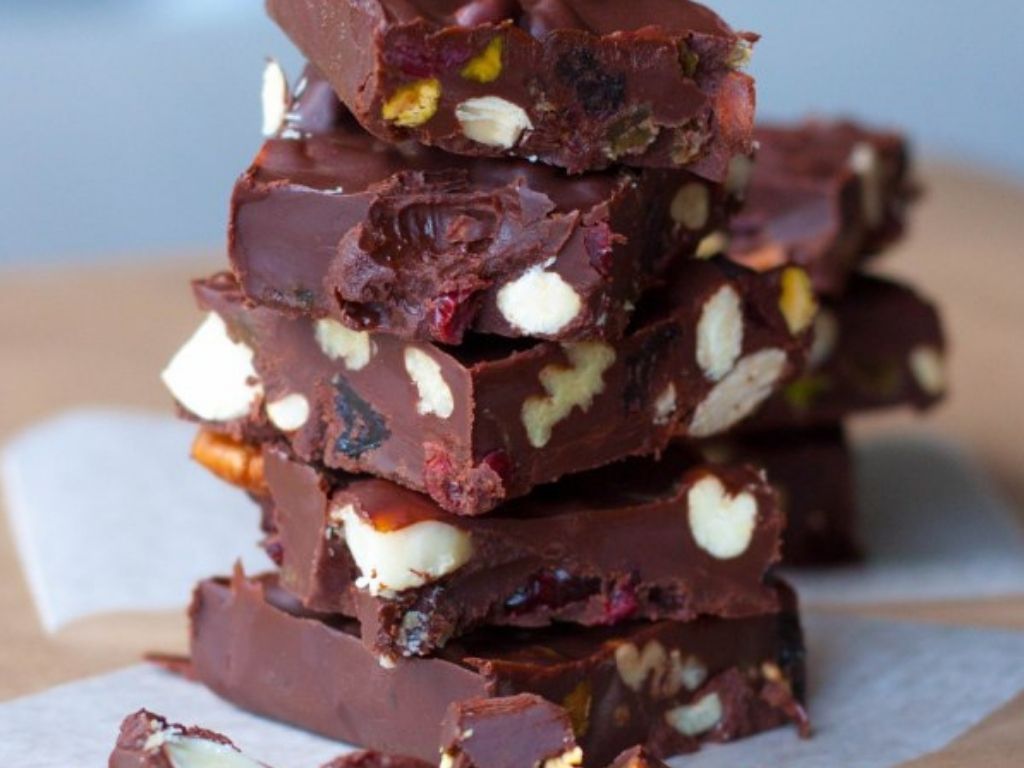 Pieces of dark chocolate with nuts and dried fruit