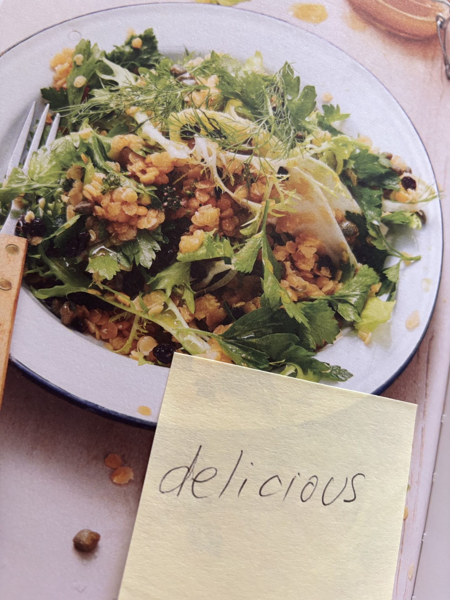 Red lentil salad with parsley, fennel and capers on a rustic plate